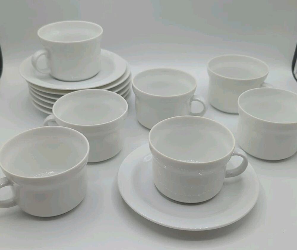 Richard Ginori Italy 7X Set RGG Coffee Line Pattern Tea Cups & Saucers White NEW